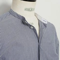 HANSEN GARMENTS ANTE | Collarless Shirt | Small Blue Stripes -Heschung shop ante collarless shirt small blue stripes hansen garments 496439