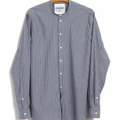 HANSEN GARMENTS ANTE | Collarless Shirt | Small Blue Stripes