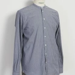 HANSEN GARMENTS ANTE | Collarless Shirt | Small Blue Stripes -Heschung shop ante collarless shirt small blue stripes hansen garments 890782