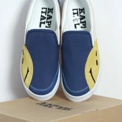 KAPITAL RAIN SMILE | Slop On Shoes | Ecru X Blue -Heschung shop rain smile slop on shoes ecru x blue kapital 254959