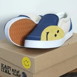 KAPITAL RAIN SMILE | Slop On Shoes | Ecru X Blue -Heschung shop rain smile slop on shoes ecru x blue kapital 478093